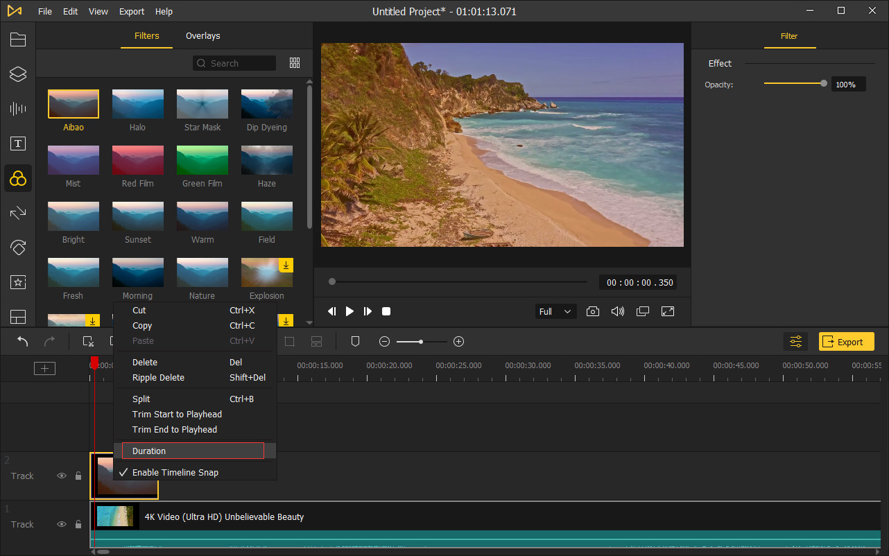 change filter or overlay duration